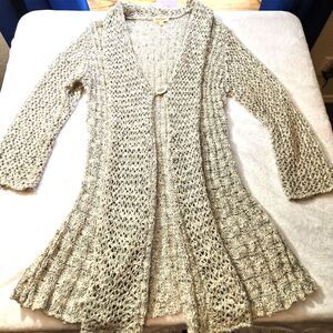 Oh Gussie Womens 3/4 length  Crochet Sweater Knit Cardigan Neutral Brn/Tan Sz M